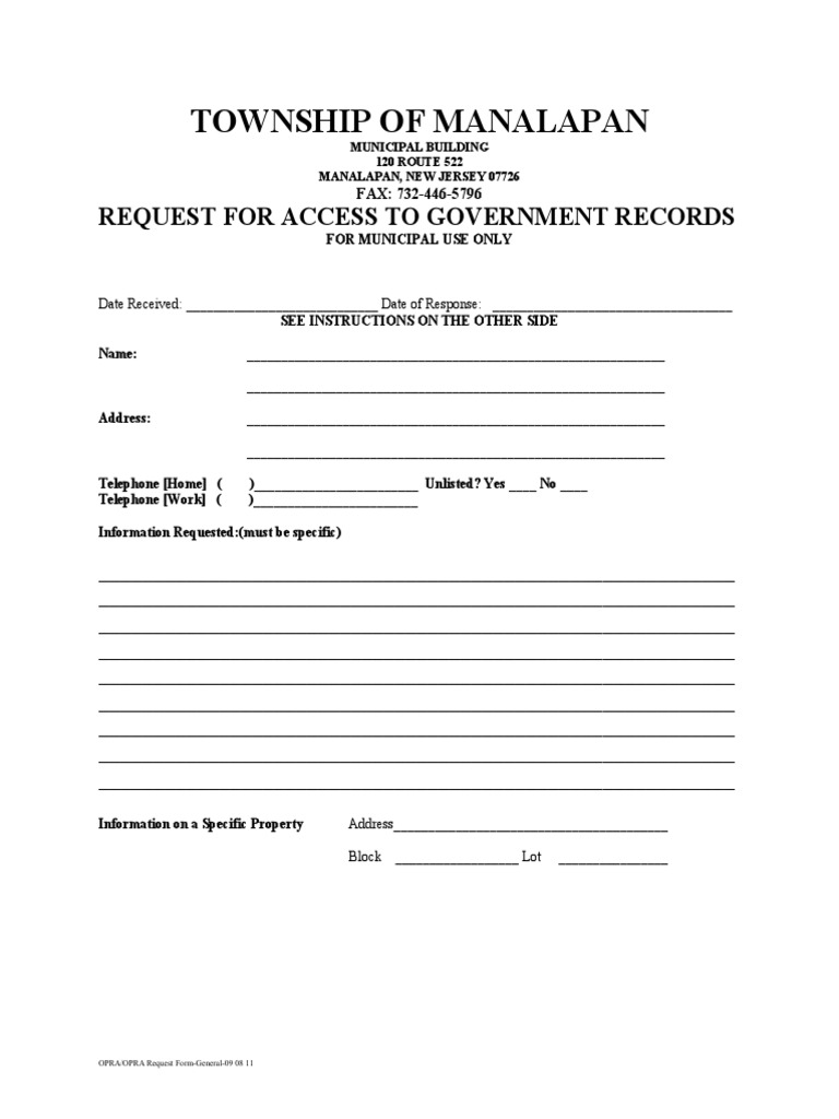 OPRA Request Form for Manalapan NJ | PDF | Justice | Crime & Violence