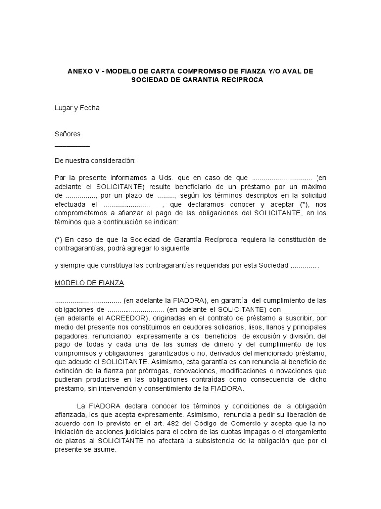 Anexo V Modelo De Carta Compromiso De Fianza Y O Aval De Sociedad De Garantia Reciproca