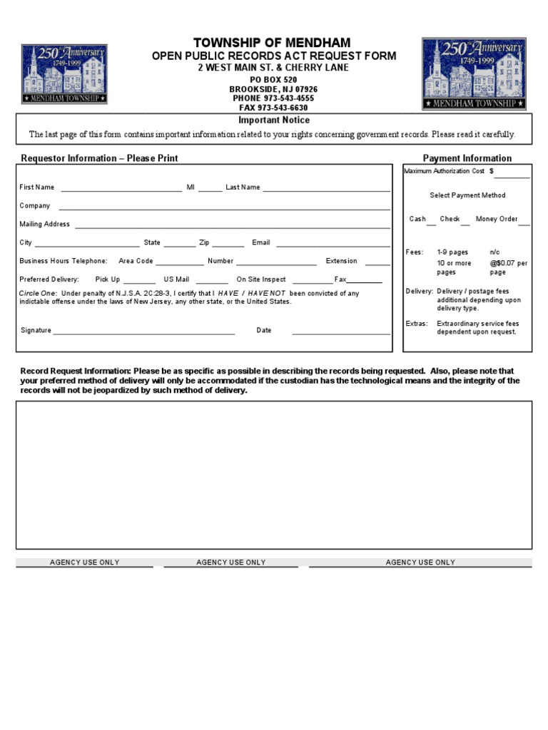 Mendham Township OPRA Request Form PDF Fee Mail