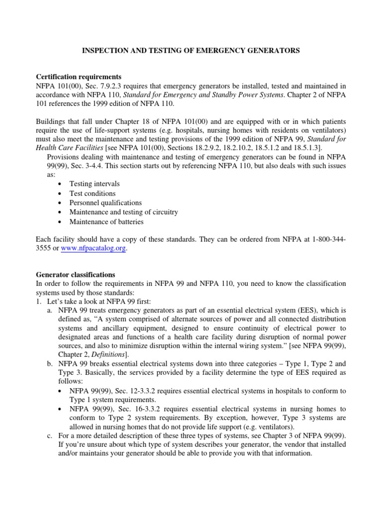 Inspection and Testing of Emergency Generators | PDF | Technology ...