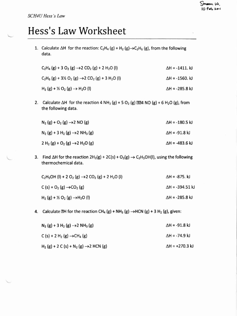 Hess Law Worksheet