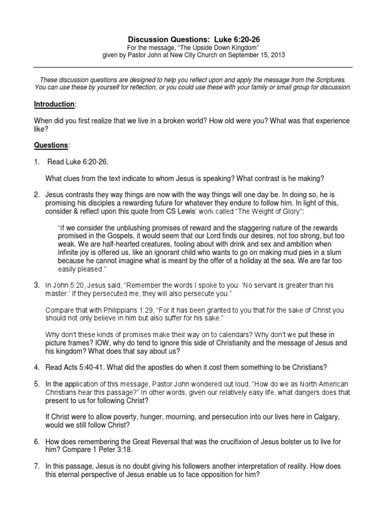 Reflection Questions (Luke 6.2026) Gospel Of Luke Jesus