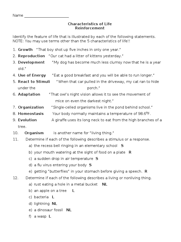 Characteristics Of Living Things Worksheet Answers