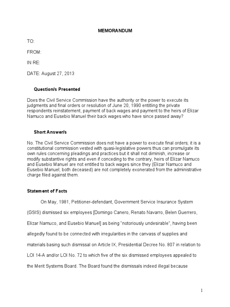 Legal Memo Judgment (Law) Employment