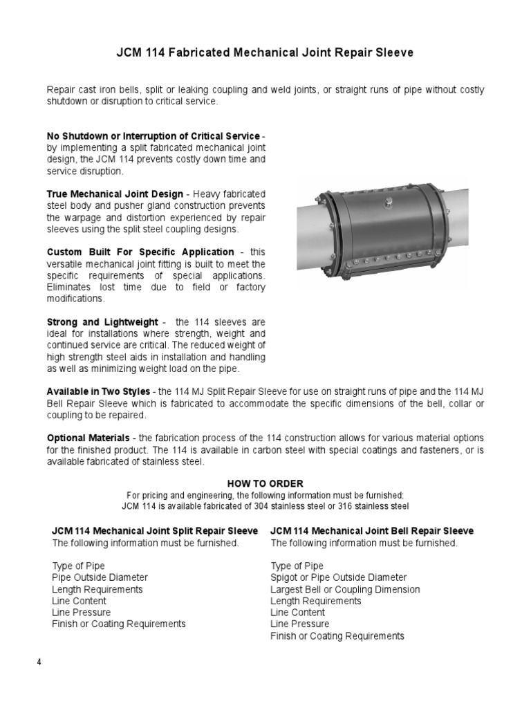 JCM 114 Mechanical Joint Repair Sleeve Catalog Pipe (Fluid Conveyance