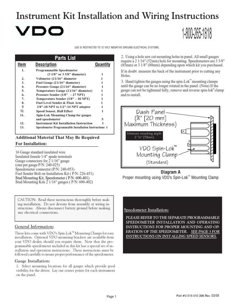 VDO Gauge Installation Electrical Wiring Components