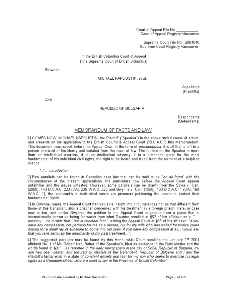 Memorandum of Facts and Law Old Version No 2 Lawsuit Judgment (Law)