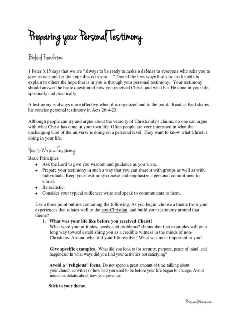 Preparing Your Personal Testimony and Worksheet  PDF  Born Again