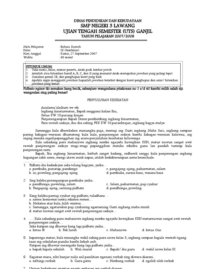 0708 Uts Ganjil Bahasa Daerah Kelas 9 Pdf