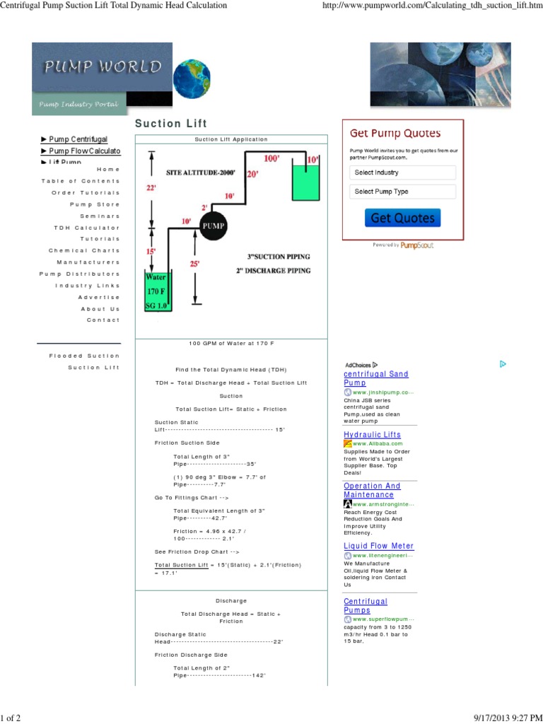 Centrifugal Pump Suction Lift Total Dynamic Head Calculation PDF