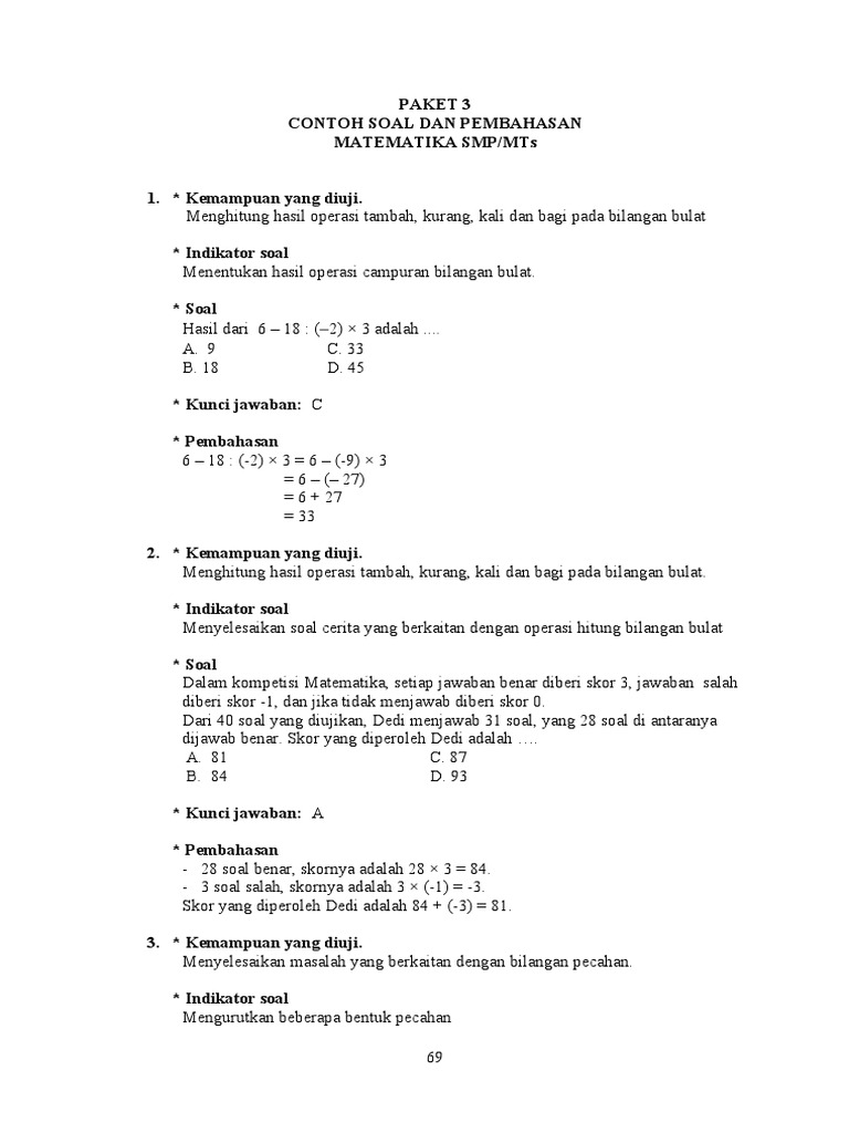 Soal Matematika Smp Kelas 7 Beserta Jawabannya Kunci Ujian