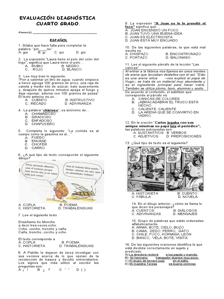 Evaluación Diagnóstica. Cuarto Grado | PDF