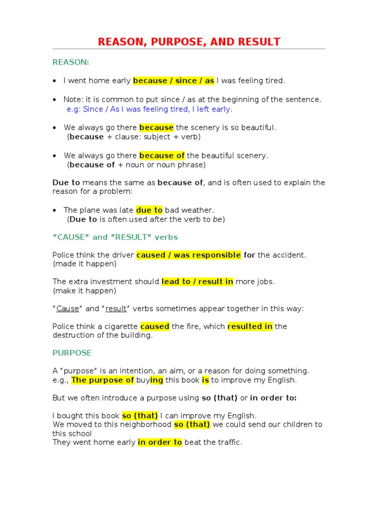 Reason and Result Clauses Clause Verb
