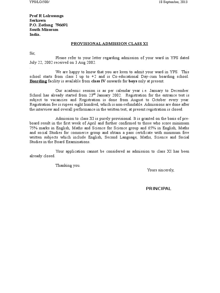 Provisional Admission Notice for Class XI | PDF