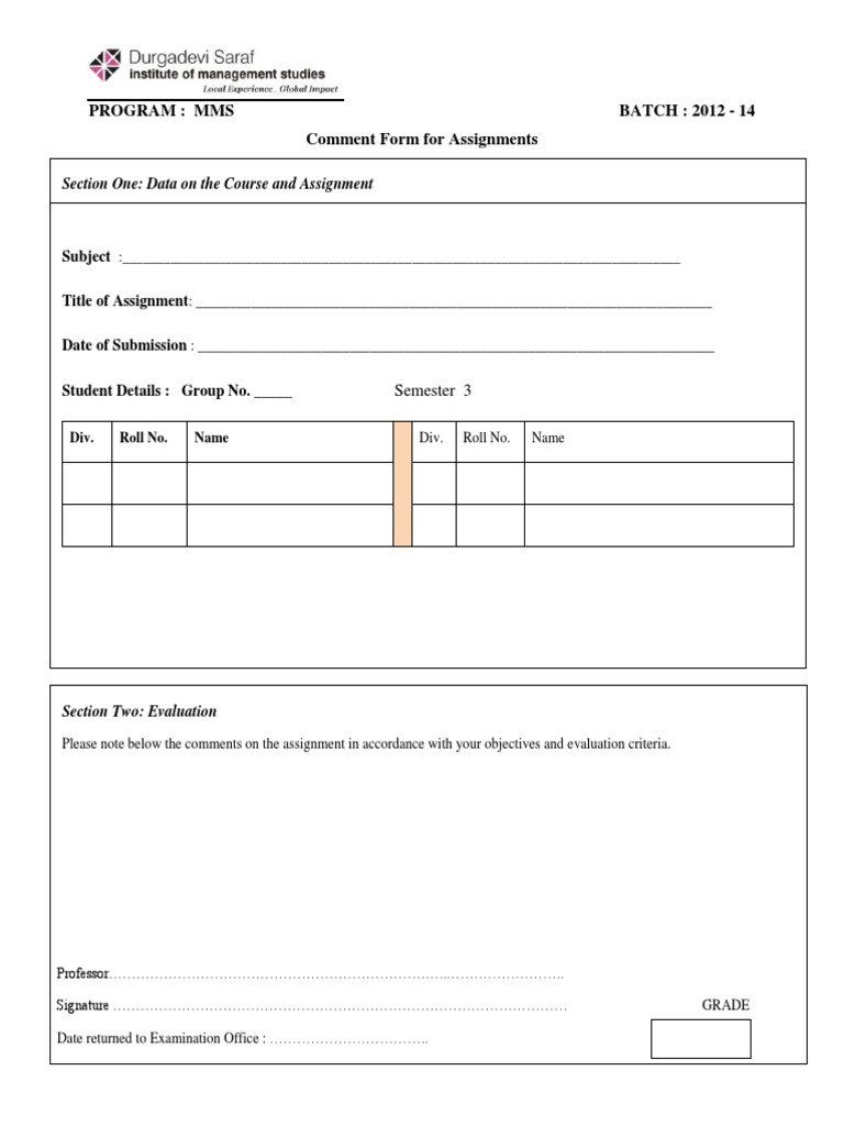 Assignment Comment Form Template | PDF
