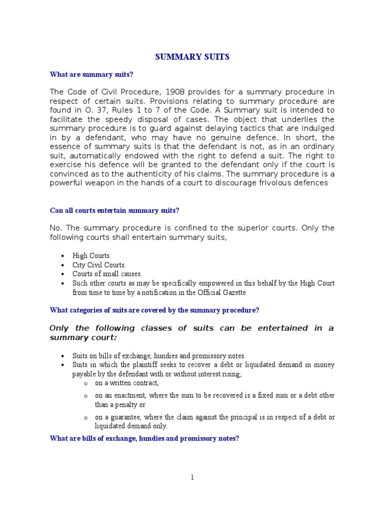 Summary Suits PDF Joinder Cause Of Action