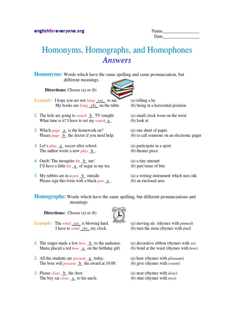 Workbooks homonyms worksheets middle school : Homonyms, Homographs, Homophones - Answers | Linguistics