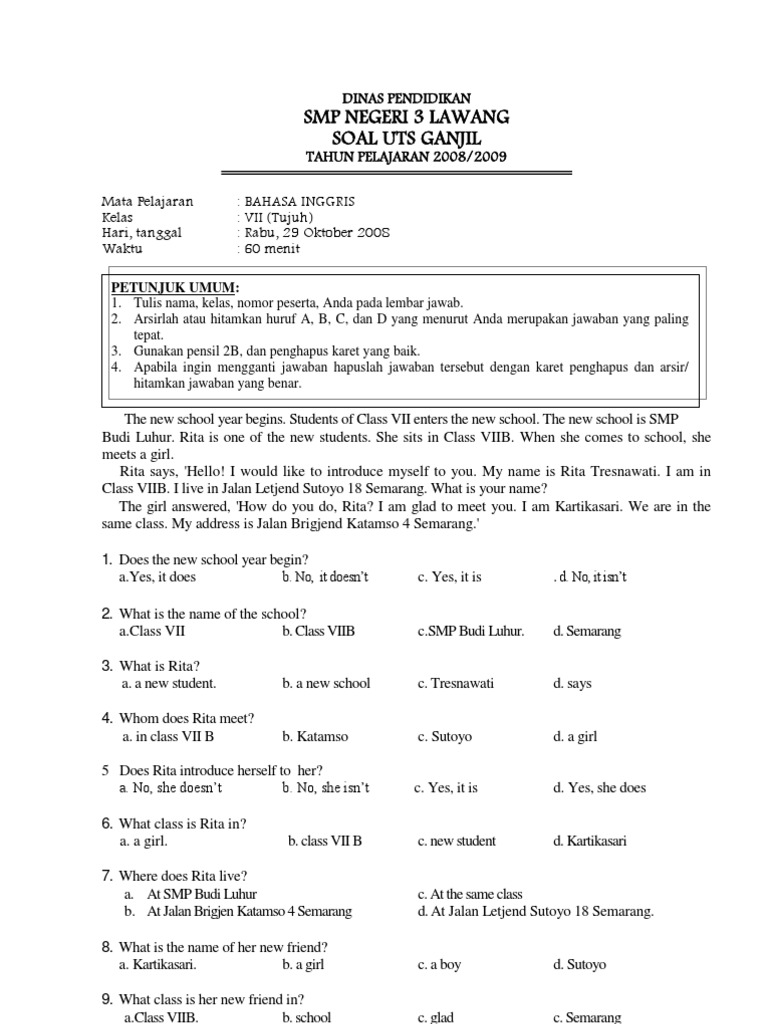 0809 Uts Ganjil Bahasa Inggris Kelas 7 Academia