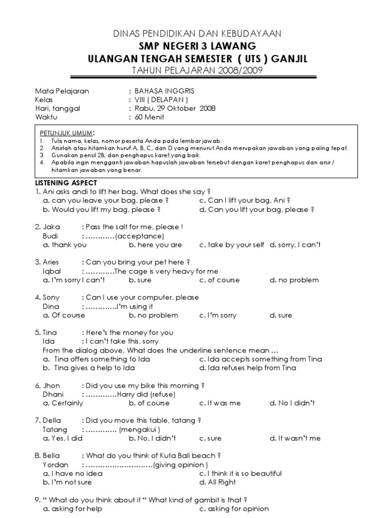 Soal Bhs Inggris Kls 8 Pas Kurtilas Semester Genap