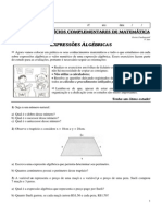 3ª Lista de Exercícios Complementares de Matemática (Expressões Algébricas) Professora Michelle - 8º Ano