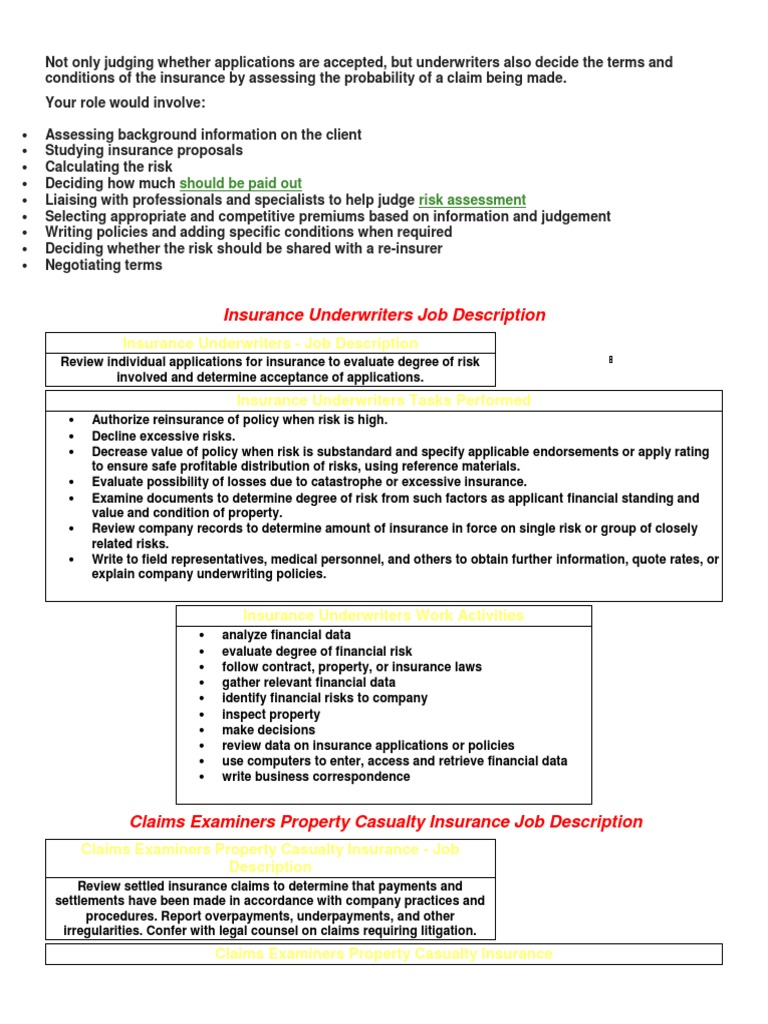 Job Description PDF Underwriting Insurance