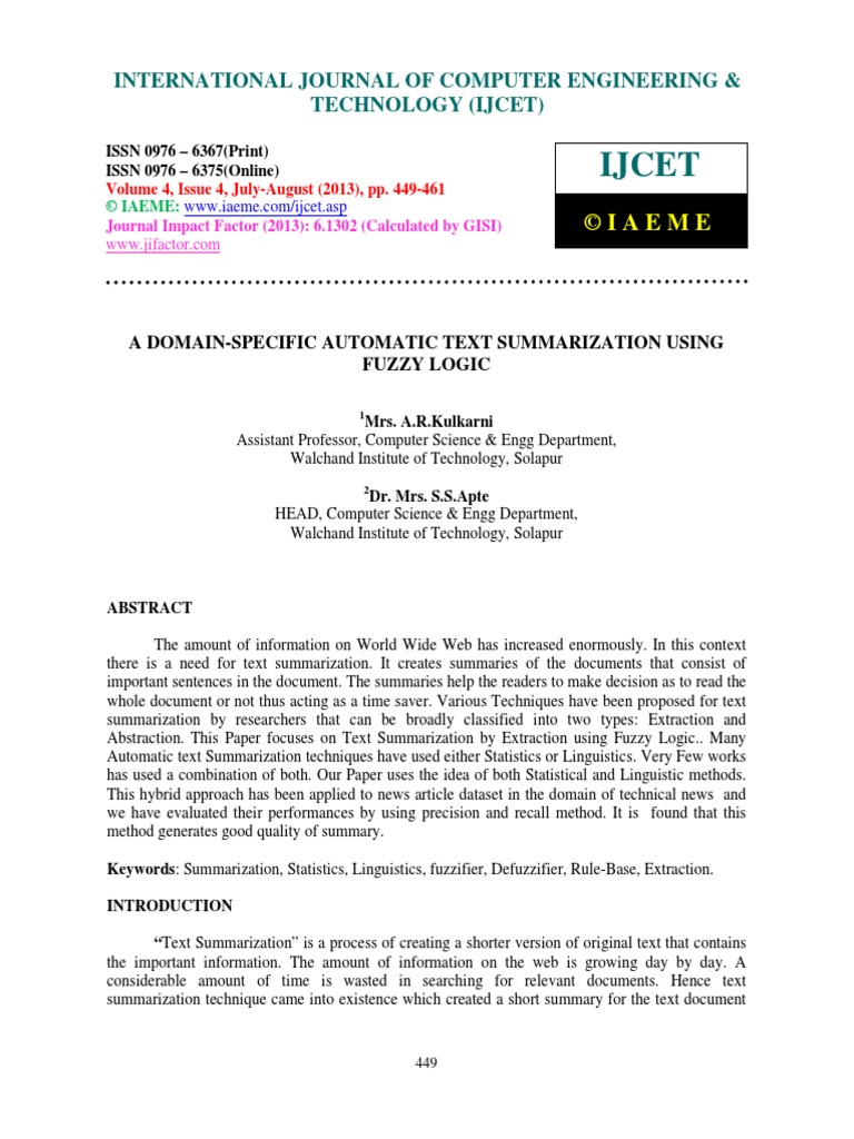 A Domain-Specific Automatic Text Summarization Using Fuzzy Logic | PDF ...