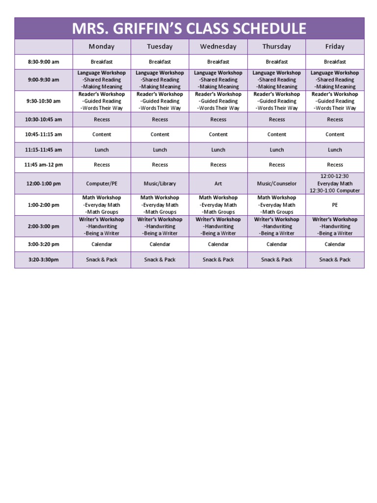Mrs. Griffin's Weekly Class Schedule | PDF