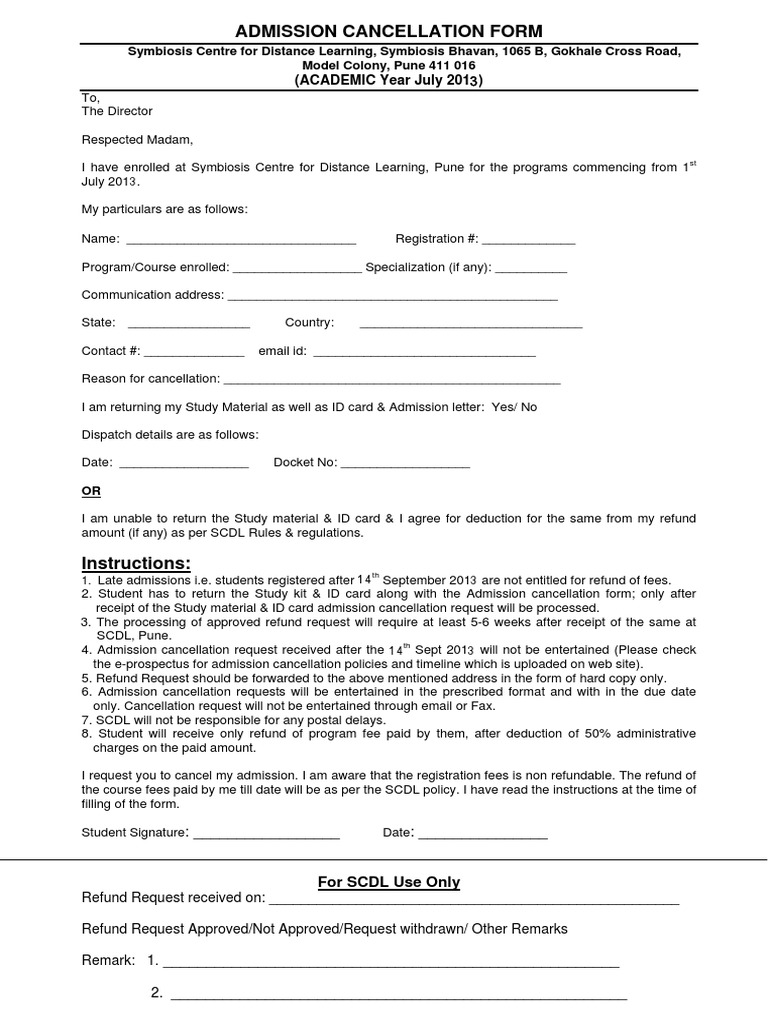 Admission Cancellation Request Form | PDF | Identity Document | Fee