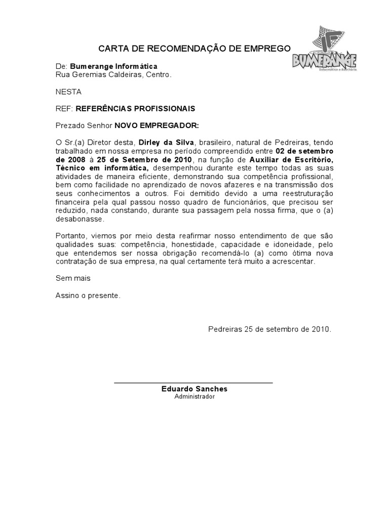 CARTA DE RECOMENDAÇÃO DE EMPREGO