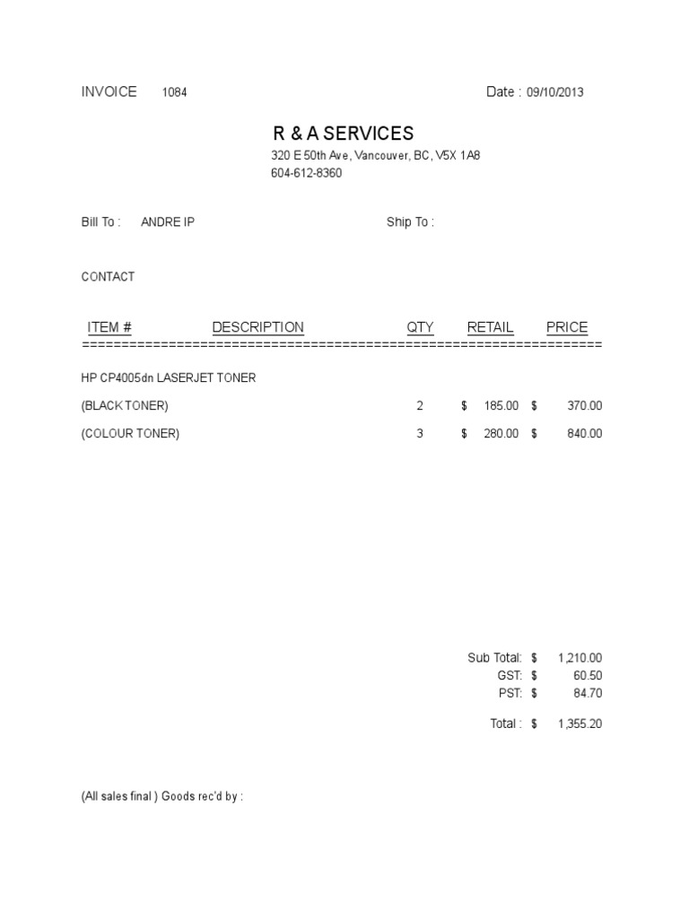 R & A Services: Invoice Date | PDF