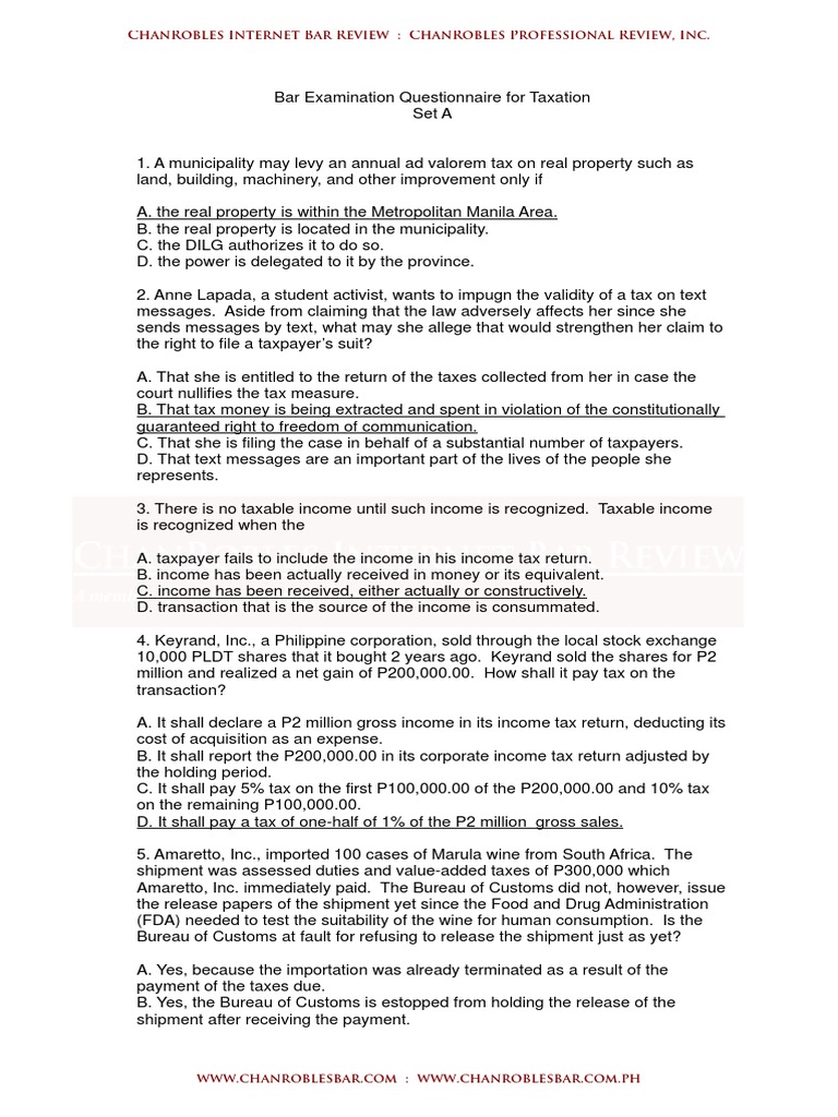 Taxation Law Bar Exam and Answer 2011 | PDF