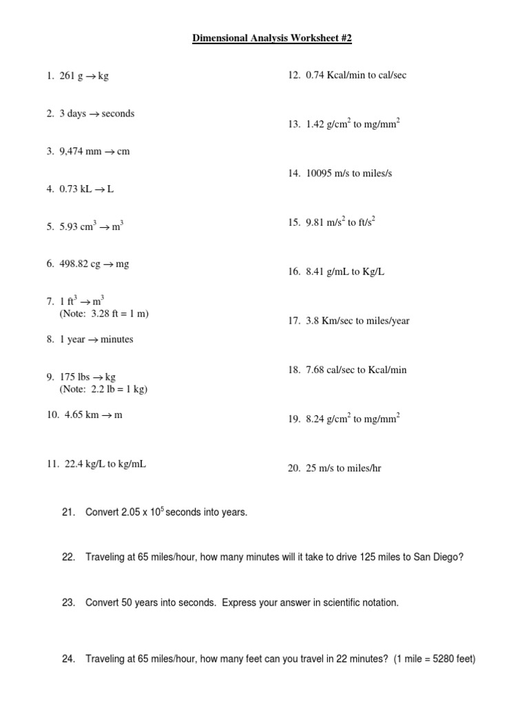 Dimensional analysis worksheet physics