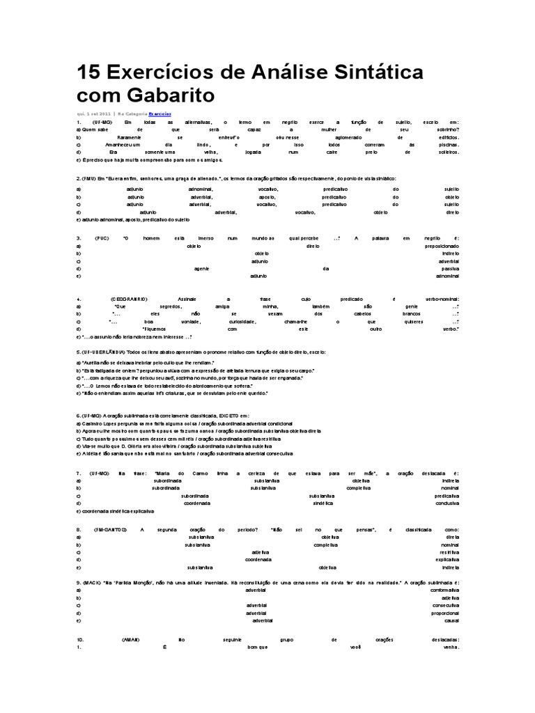 15 Exercícios de Análise Sintática com Gabarito | Assunto (Gramática ...