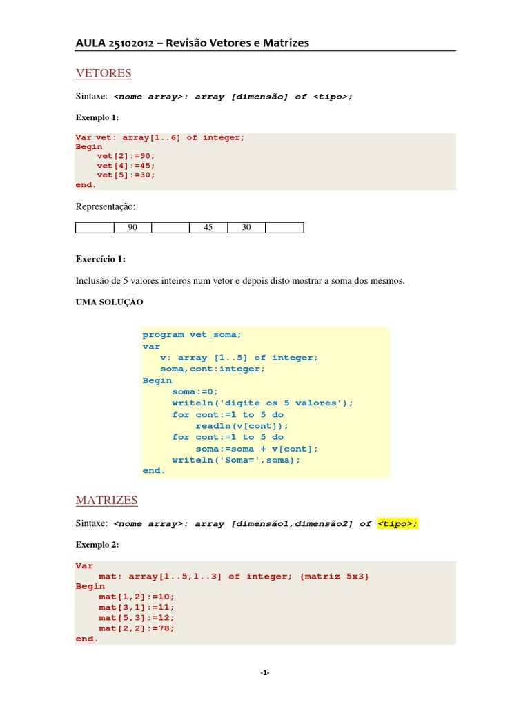 Revisão de Vetores e Matrizes em Pascal | PDF | Matriz (Matemática ...