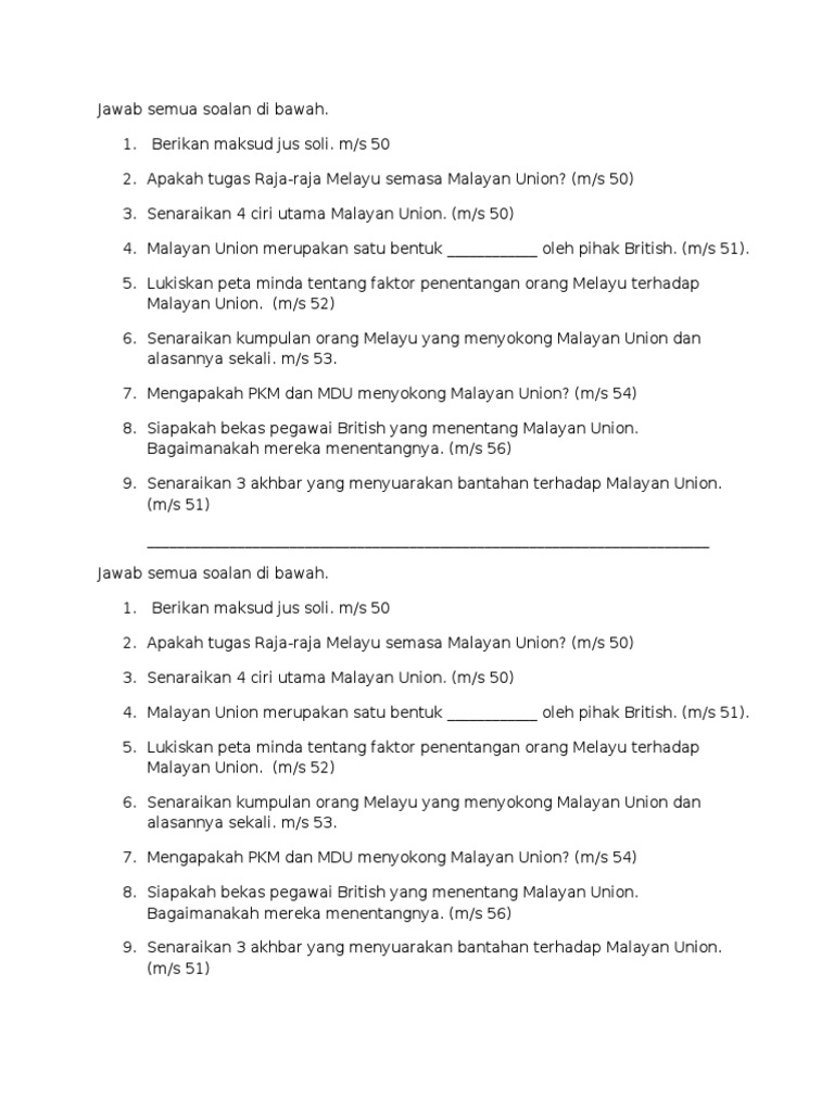 Jawab Semua Soalan Di Bawah Malayan Union