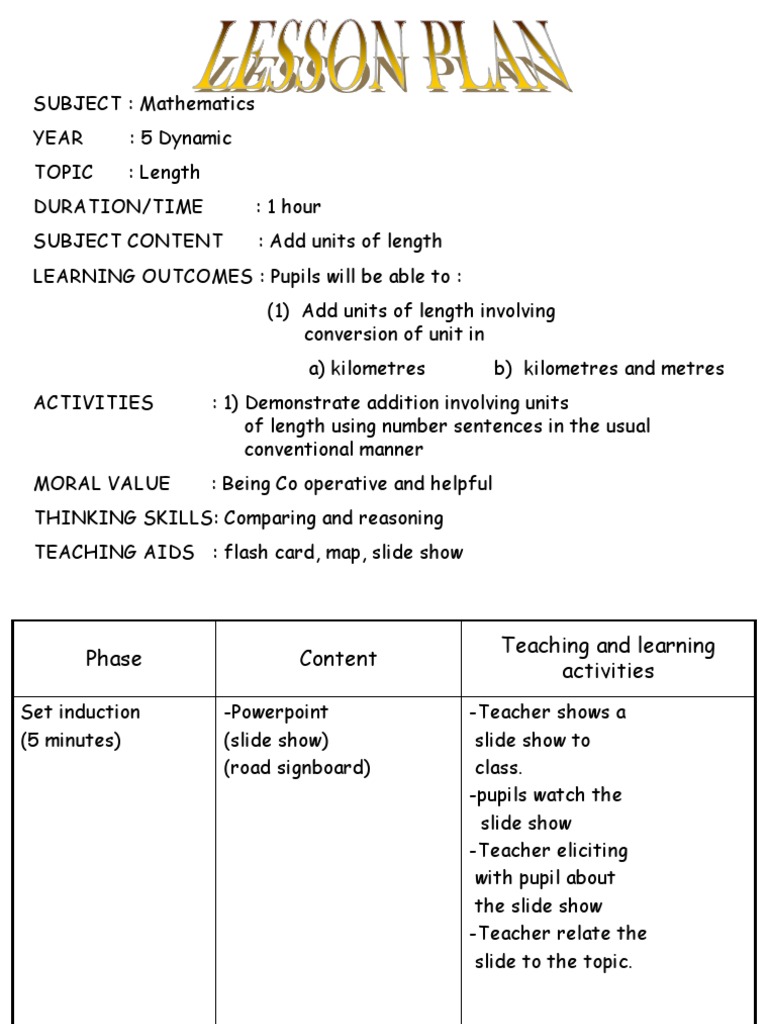 Mathematics Lesson Plan Pdf Kilometre Lesson Plan