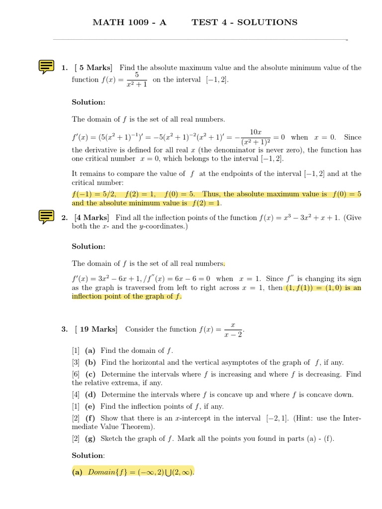 MATH 1009 Test 4 Solutions | PDF | Maxima And Minima | Function ...