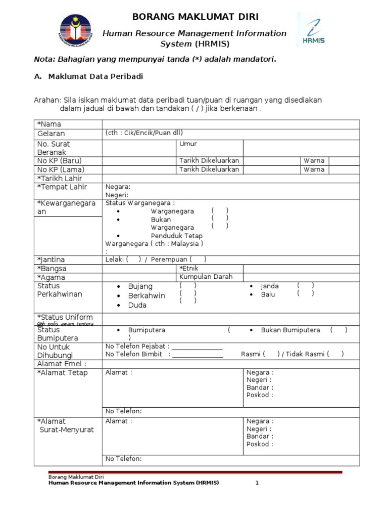 Borang Maklumat Diri Hrmis Pdf