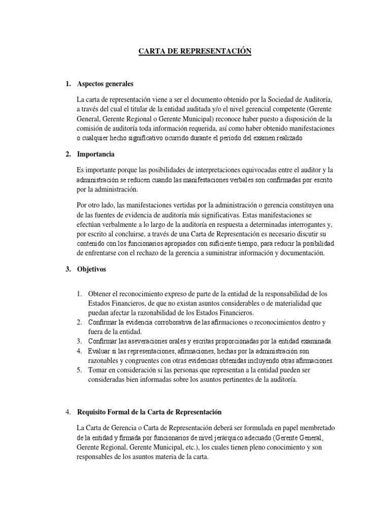 CARTA DE REPRESENTACIÓN y CARTA A LA GERENCIA | PDF | Auditoría financiera  | Contabilidad