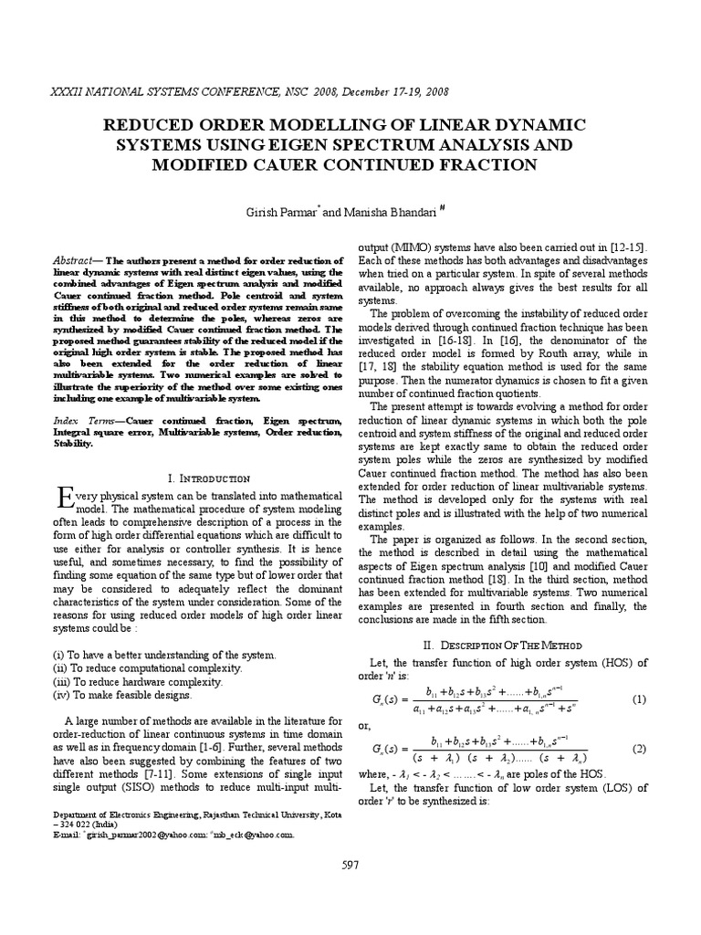 Order Reduction of Linear Systems | PDF | Stability Theory | Fraction ...