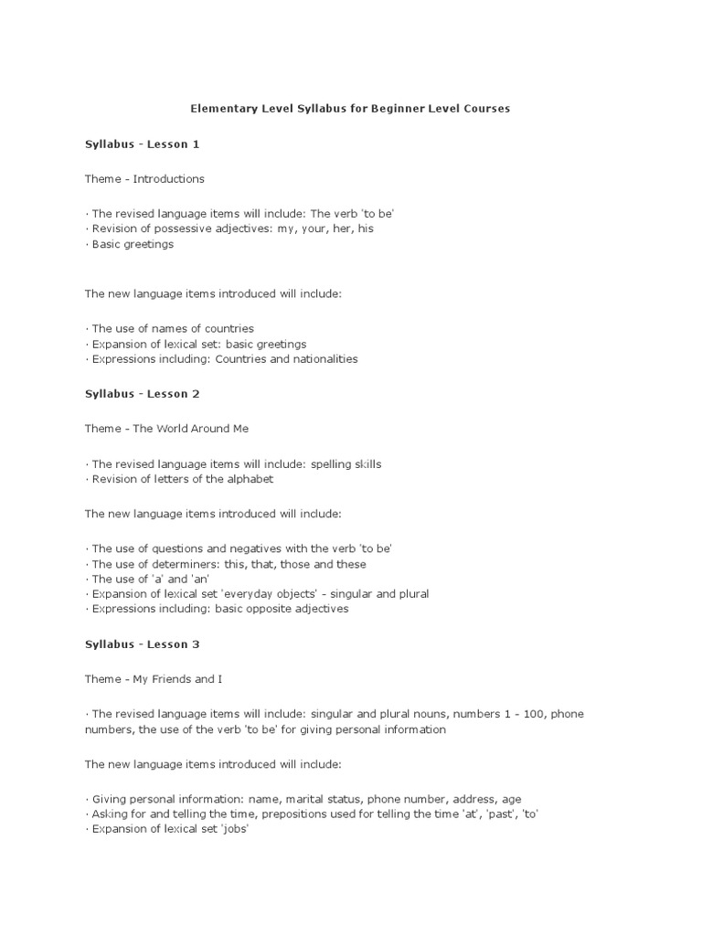 elementary level syllabus for beginner level courses verb