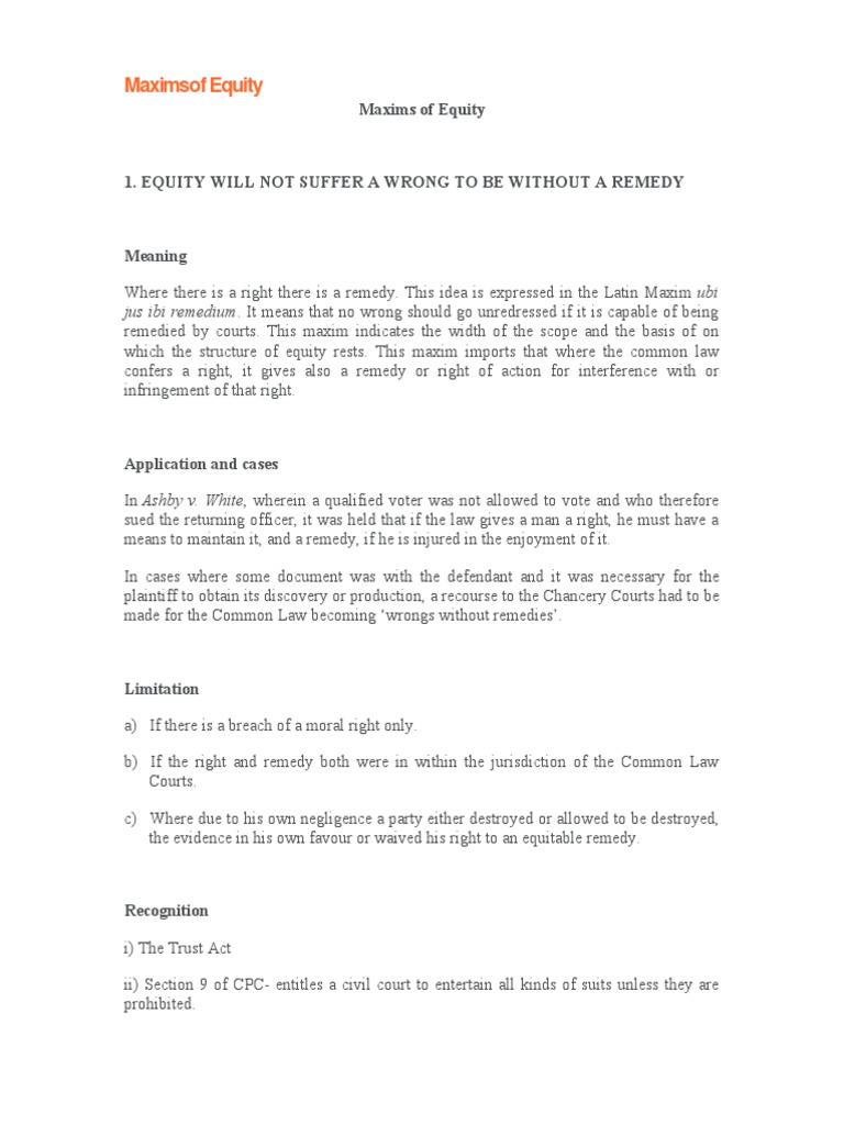 Maxims of Equity PDF Equity (Law) Laches (Equity)
