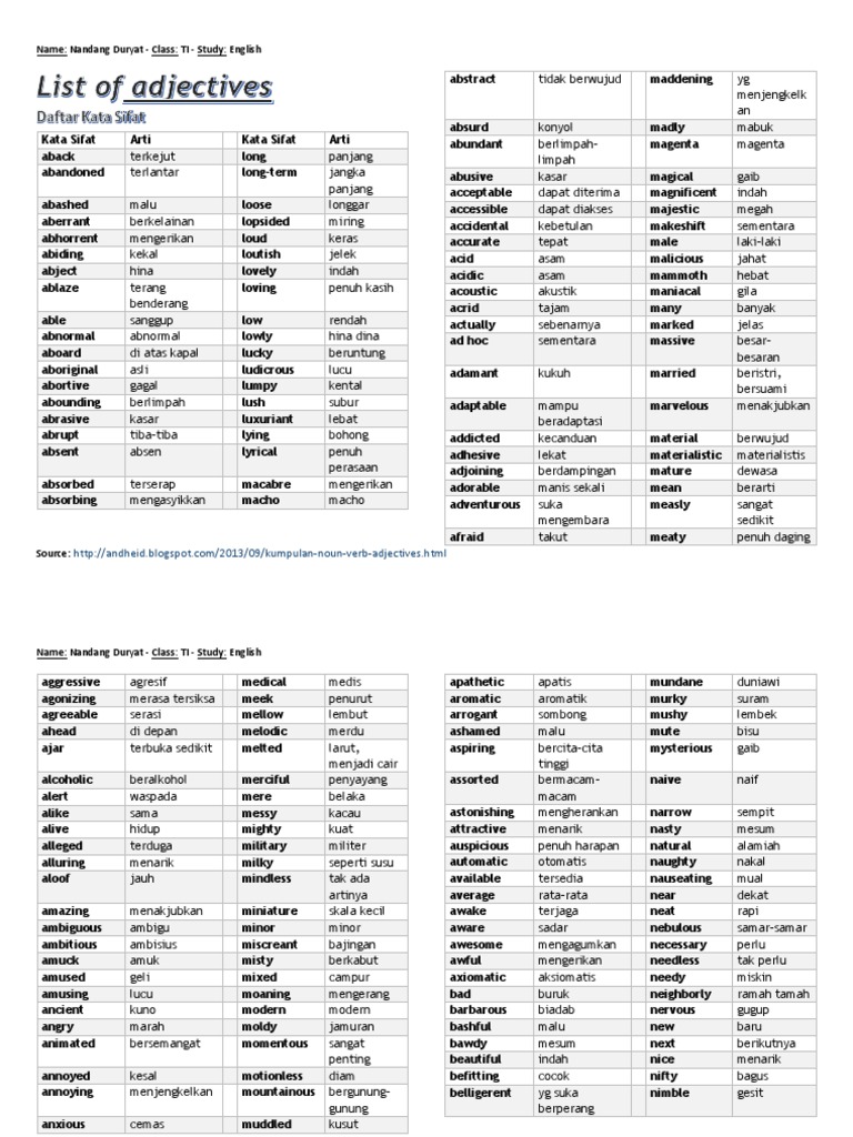 Kumpulan Noun Verb Adjectives Lengkap Dhe Code Lihat contoh yang kami paparkan di bawah ini tentang penerapan -to be dalam kata sifat adjective.