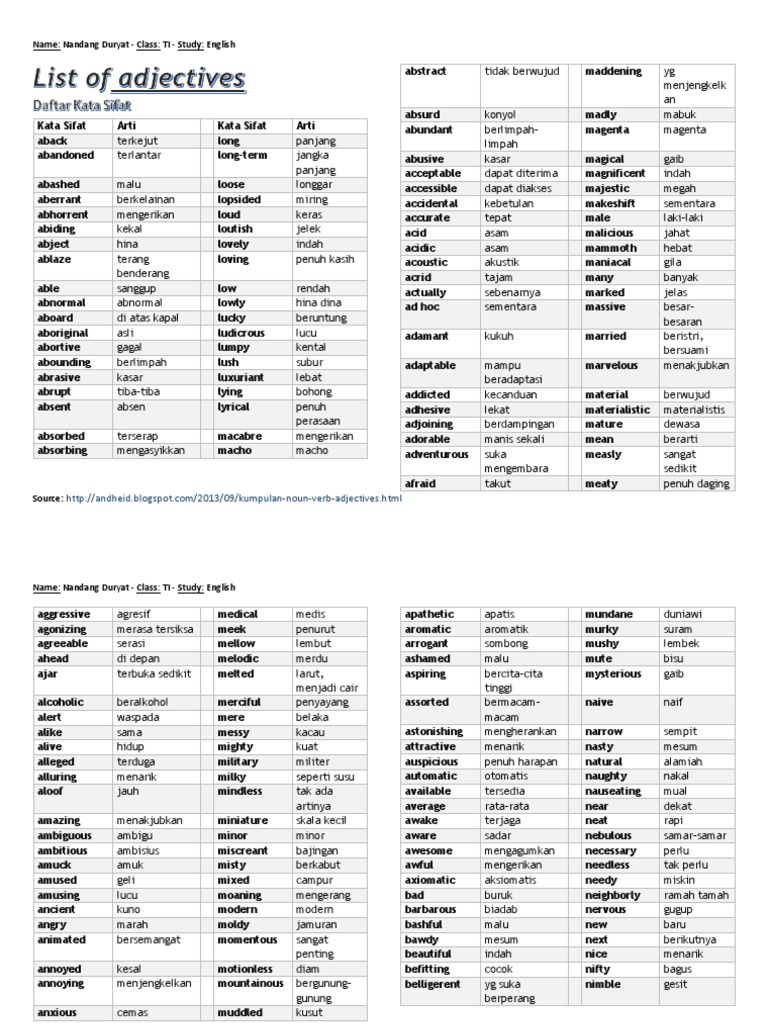 Kumpulan Noun Verb Adjectives Lengkap Dhe Code Pdf