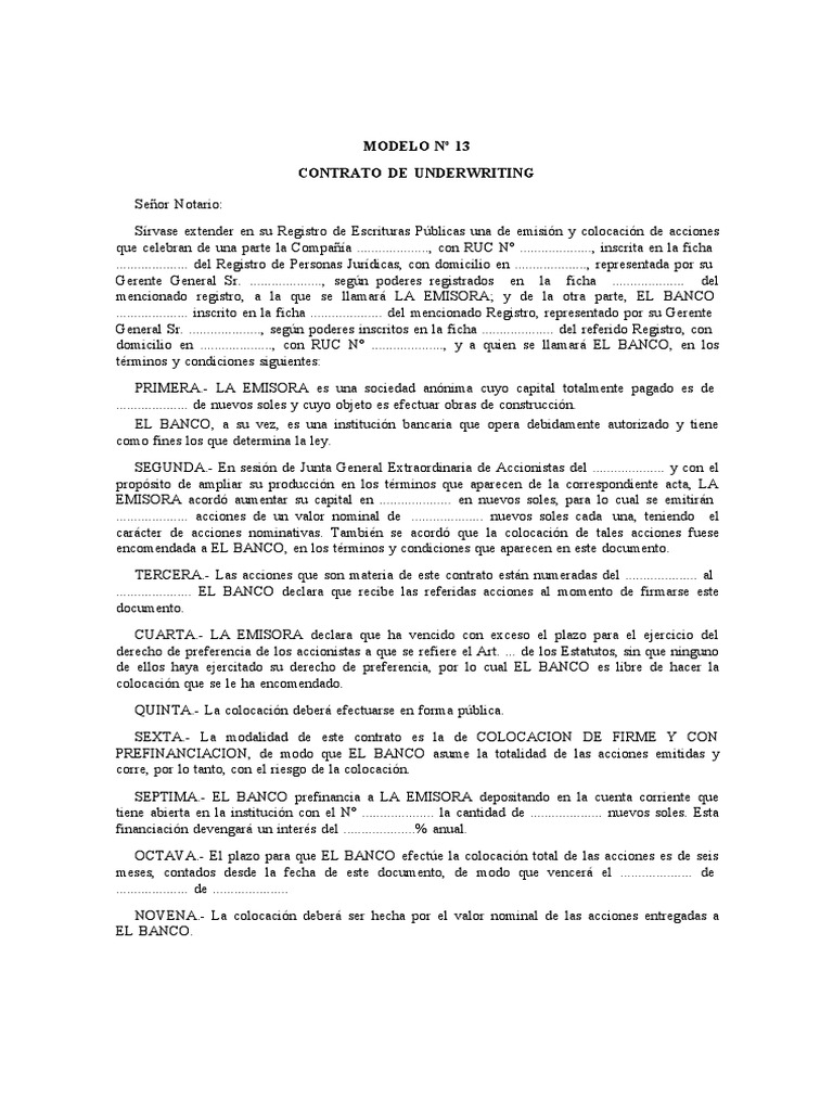Modelo de Contrato de Underwriting | PDF | Compartir (Finanzas) | Bancos
