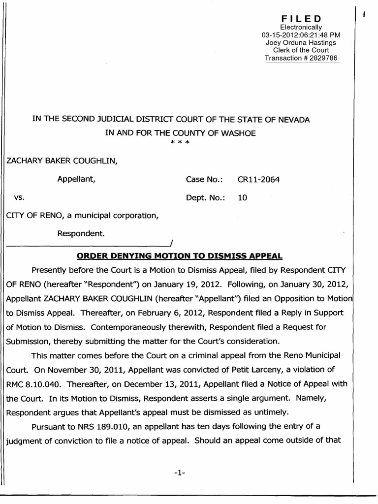 3 15 12 0204 22176 2064 Order Denying Motion To Dismiss Appeal Applying NRCP 6 (E) Ocr No