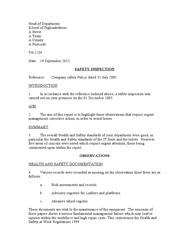 Safety Inspection Report Summary | PDF | Occupational Safety And Health ...