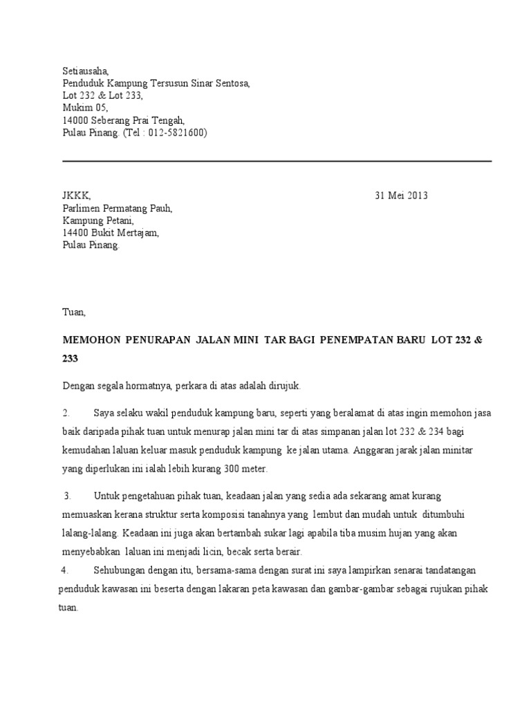 Surat Rasmi Permohonan Lampu Jalan Tnb - Malacca s