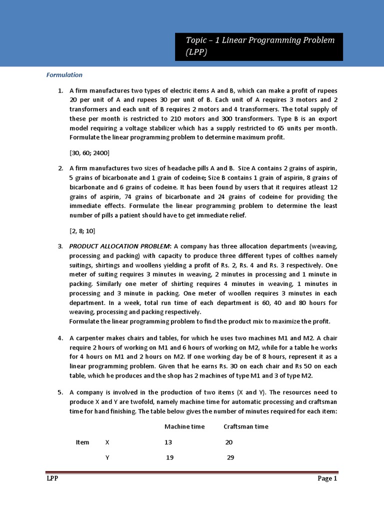 OPERATIONS RESEARCH Assignment - 1 Formulation of LPP | PDF | Bonds ...