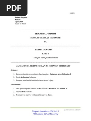 Trial Negeri Sembilan English Pra Spm 2013 Set 1 K1 K2 Question Scheme Pdf Malaria Plasmodium